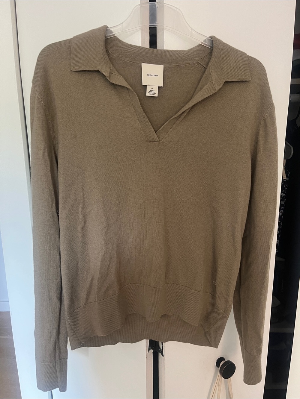 Calvin Klein Olive V-Neck Collared Knit Sweater